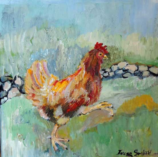 Inger Smith. Marching Hen. 25x25cms (Box Canvas). £60.00