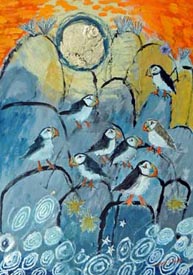 Sunset Puffins. Mixed Media. 37x53cms. £400.00 